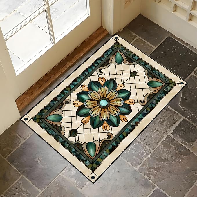 Stained Glass Floral Laundry Mat 23.6 x 19.6 Inch (Retro Green)