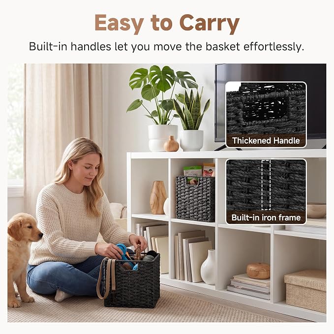 StorageWorks 9 inch Cube Storage Bins, Wicker Storage Cubes, Black Basket | 2-Pack, Handwoven Wicker Basket for Storage, Foldable Paper Rope Baskets for Organizing, Black Storage Bins,Cube Storage Bins