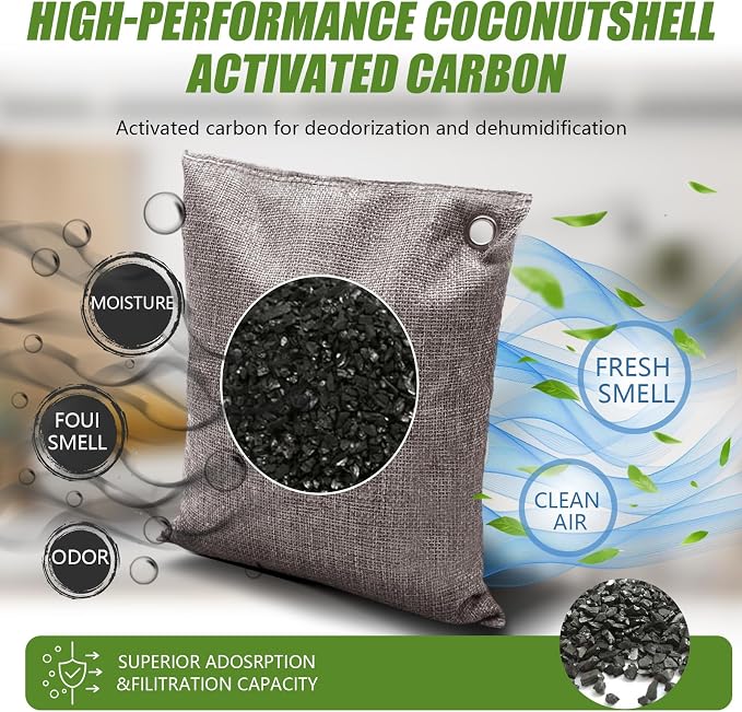 Activated Charcoal Bags Odor Absorbers, Activated Charcoal Odor Absorber for Strong Odors in Car, Closet, Shoe, Pet, Smoke, Basement. Coconut Shell Air Purifying Bag(10 x 100g）