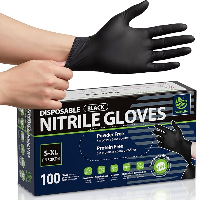 Nitrile Gloves Disposable Latex Free, Black | Food Safe Rubber Gloves Latex-Free and Powder-Free for Cooking, Food Prep, Kitchen, Household Cleaning