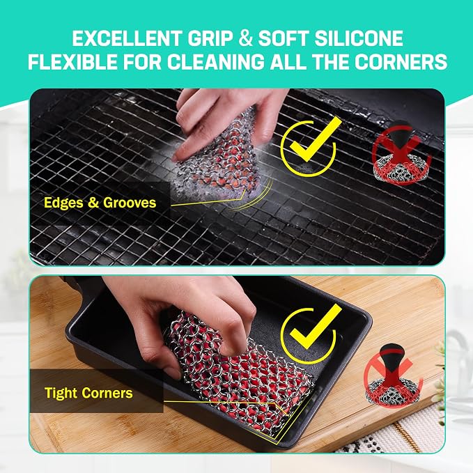 HAUSHOF Cast Iron Scrubber, Chainmail Scrubber Cast Iron Cleaner | Multi-Purpose Cleaning;Easy to Clean;Soft Silicone Liner;Protects Cast Iron Seasoning