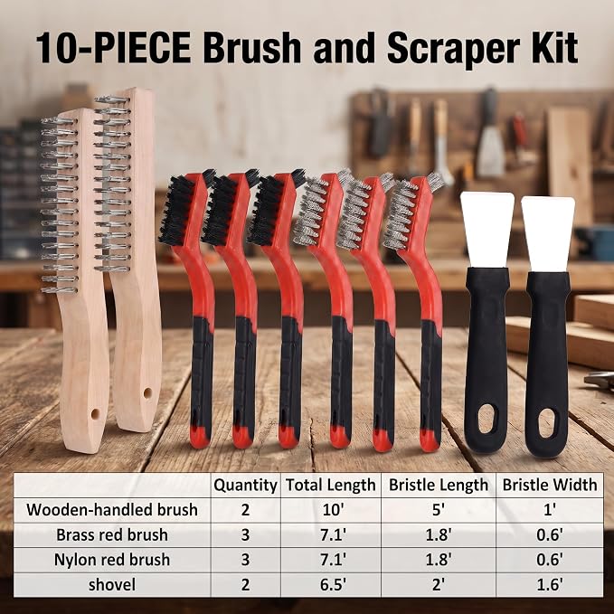 Wire Brush Set for Cleaning, 10-Piece Wire Brush for Rust Paint Removal | Professional Cleaning Tools for Metal, Slag, Paint and Grill