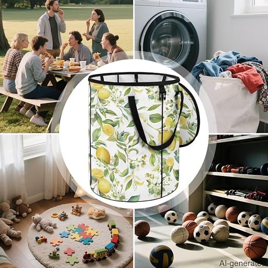 Lemon 24Gal Collapsible Trash Can w/Lid & Sorting Clips - Waterproof Pop-Up Bin for Camping Backyard | Heavy Duty Garden Waste Bag, Flodable Easy to Store (18x18x23 inch)