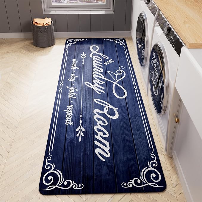 Non-Slip Laundry Room Rug Runner 17.3"x47.2" Washable Floor Cushioned Rubber Carpet Blue Bathroom Hallway Mudroom Kitchen Mat for Farmhouse Entryway Washroom Decor Accessories