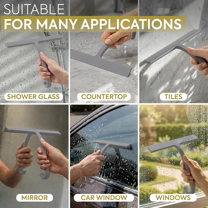 Shower Squeegee for Glass Doors, 10″ Gray with No-Drill J-Hook | Hang Anywhere Without Adhesive, Seamless One-Piece Silicone, Encased Steel Core, Streak-Free Shower Squeegee for Glass & Tile