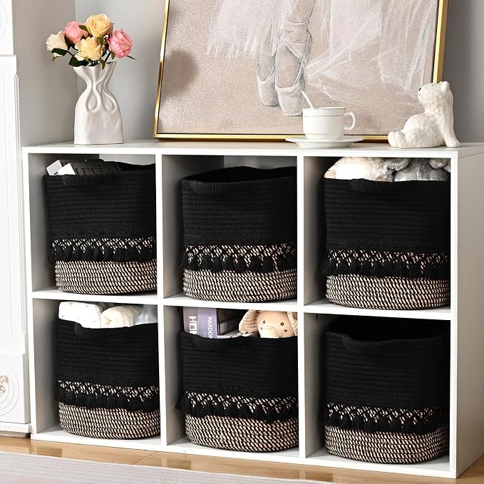 3 Pack Storage Basket for Shelves, Boho Cotton Rope Storage Bins with Heavy Tassel, Shelf Baskets Large Woven Baskets for Organizing, Cube Organizer Bins, Baby Laundry Basket for Clothes, Toys, Pets