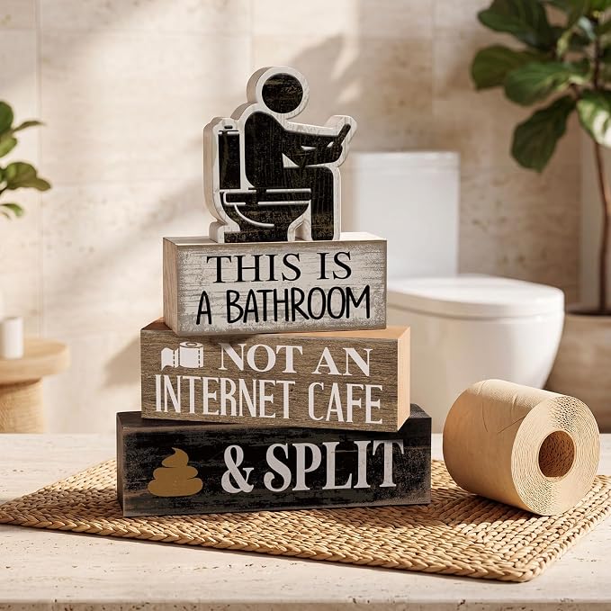 Moucuny 4 Pcs Funny Bathroom Sign, This Is A Bathroom Not An Internet Cafe | Humorous Bathroom Shelf Decor, Farmhouse Rustic Wood, Tiered Tray Accessories, Toilet Humor Conversation Piece