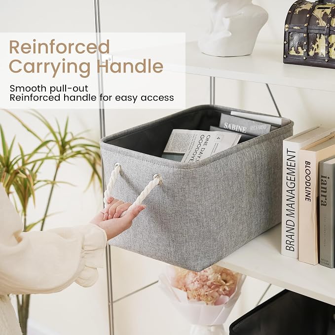 15x11x10 In Foldable Fabric Large Storage Bins with Handle 6 Pack | Organizer Baskets, Sturdy Metal Strand, Cardboard Support Molding, Storage Baskets for Shelves, Closet, Bedroom, Gray
