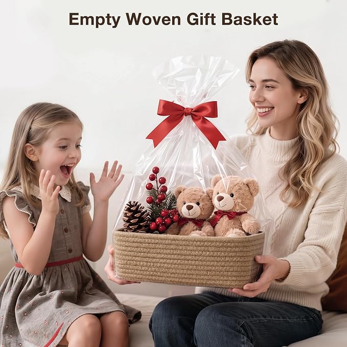 3 Pack Small Baskets for Organizing, Woven Storage Baskets for Shelves | 11.8x7.8x3.8 in Cotton Rope Baskets, Toy Baskets Storage Kids, Basket Organizer, for Living Room, Bedroom, Nursery, Mix Brown
