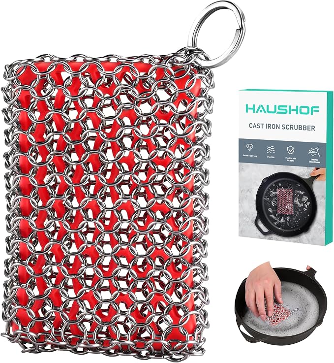 HAUSHOF Cast Iron Scrubber, Chainmail Scrubber Cast Iron Cleaner | Multi-Purpose Cleaning;Easy to Clean;Soft Silicone Liner;Protects Cast Iron Seasoning