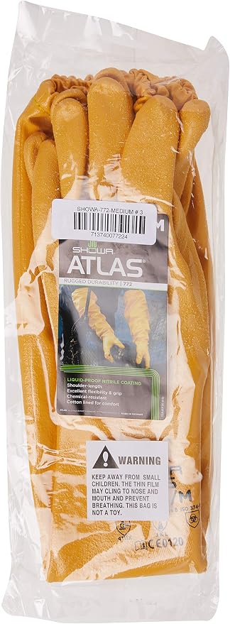 Atlas Glove WG772M 26-Inch Long Sleeve Nitrile Coated Cotton Lined Work Gloves, Medium, Yellow