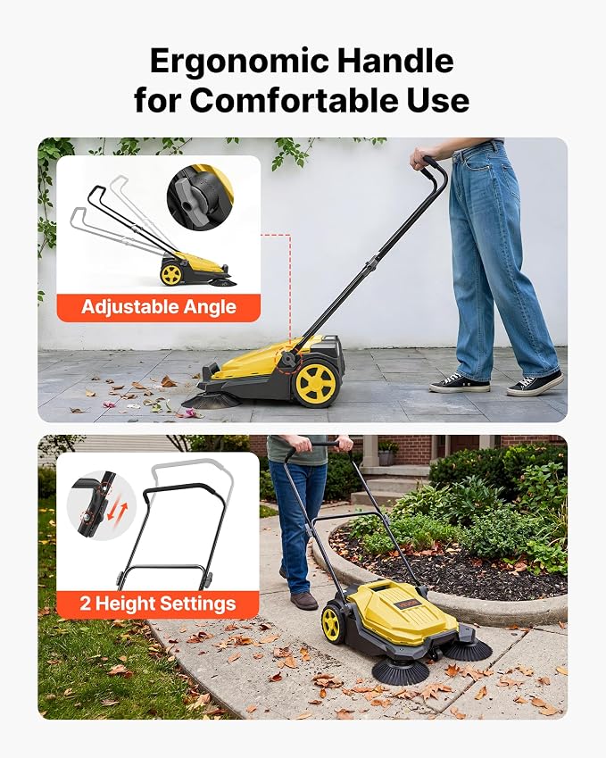 VEVOR Walk-Behind Hand Push Floor Sweeper, Manual Floor Sweeper Non-Electric with 25.6" Sweeping Width, 5 Gallons Waste Container & Adjustable Folding Handle for Yards Walkways Patios Garages - Yellow | 5 Gallons Waste Container & Adjustable Folding Ha...