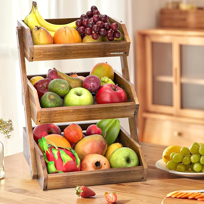 G.a HOMEFAVOR 3-Tier Acacia Wood Fruit Basket for Kitchen, Self-assembly | Large Fruit Bowl for Kitchen Countertop, Fruit Stand Storage Holder for Vegetables and Snack Home Organizer