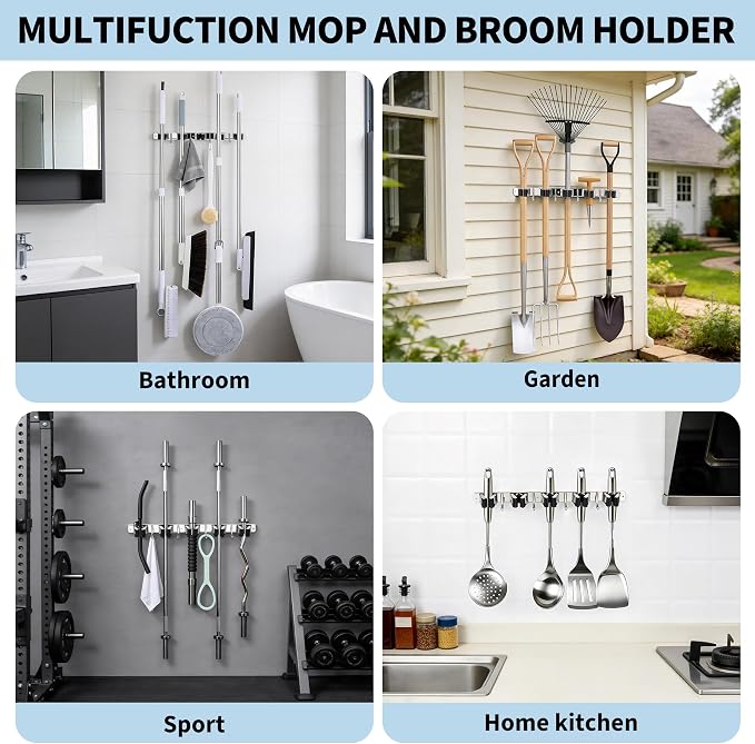 Mop and Broom Hanger Wall Mounted, 5 Racks and 4 Hooks, Storage Organiser (1, Black, 5)