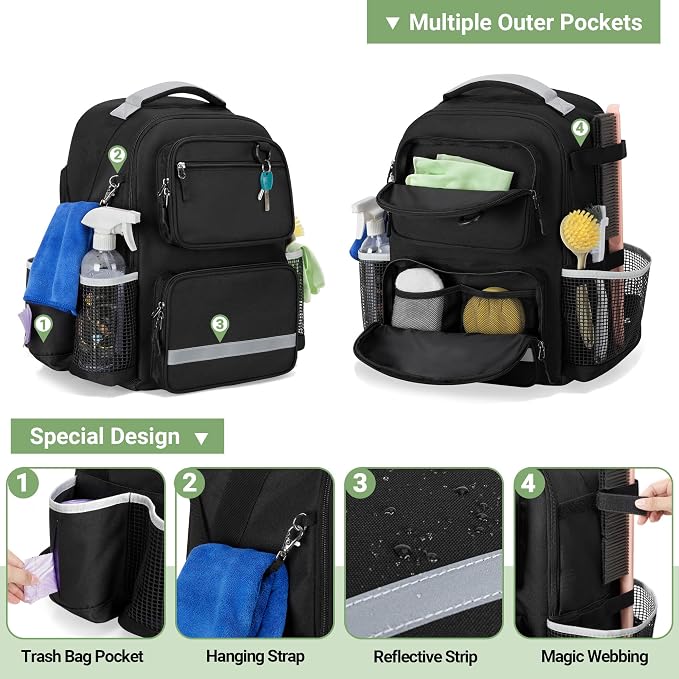 HODRANT Cleaning Backpack with Bottom Plate & Waterproof Bottom | Large Supplies Bag with Multiple Pockets for Housekeeping Tools, Cleaning Products Caddy Organizer for Home & Car, Bag Only