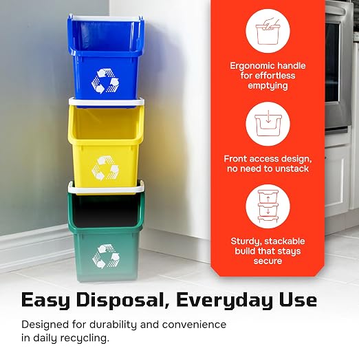 Yellow Recycle Bin 6 Gallon Stackable Recycle Bins for Kitchen with Handle | Kitchen recycling bin with stackable space-saving design maximizes recycling capacity in kitchens, offices, garages & homes