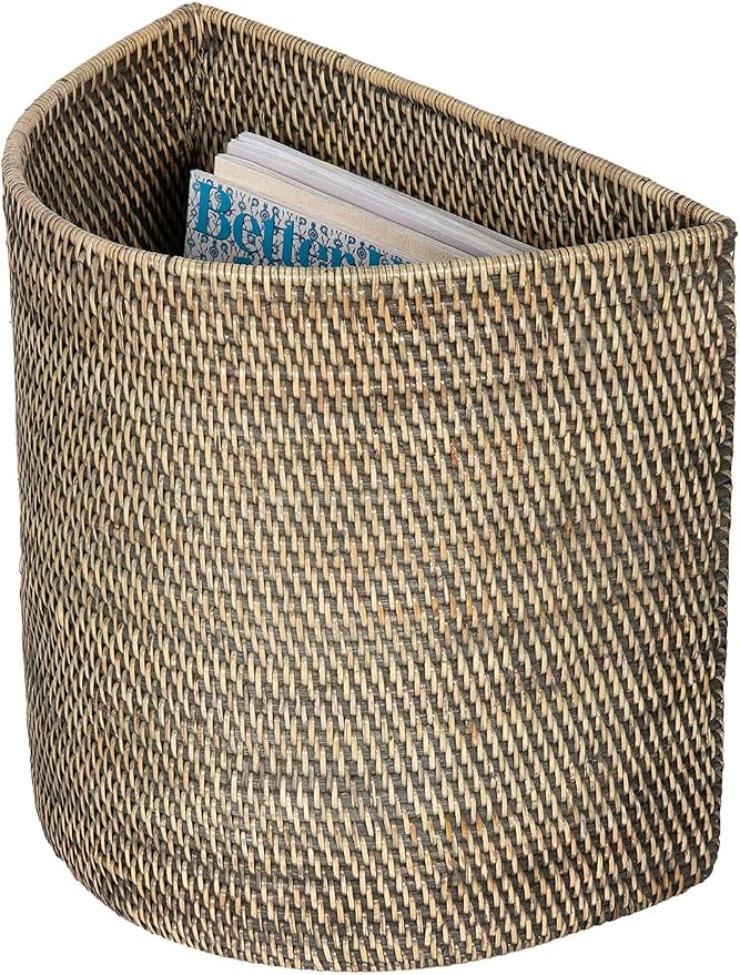 KOUBOO Half-Moon Rattan Waste Basket, Wicker Trash Can, Indoors, Black Wash | Handwoven natural texture, space-saving half-moon shape, lightweight design, ideal for paper and dry household waste