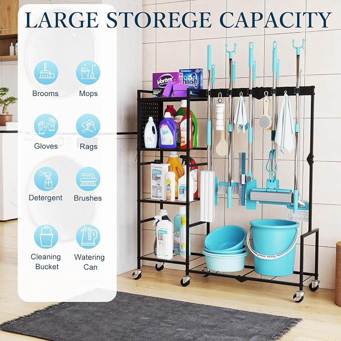 Broom Holder with Cleaning Supplies Organizer, Heavy Duty Janitorial Housekeeping Cart with Mop Clips & Hooks, Home Essentials Broom Closet Storage, Multifunctional Cleaning Cart for Laundry