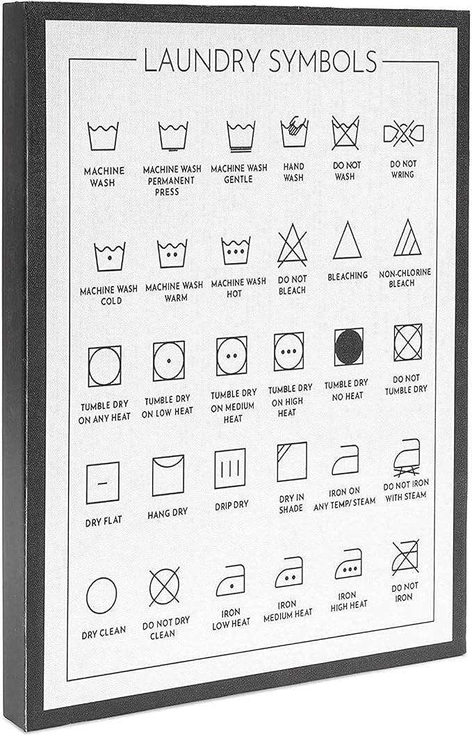 Juvale Framed Laundry Symbols Chart Canvas - Washing Symbols Chart & Care Guide - Laundry Room Decor Accent - 12 x 16 in, White Engineered Wood Frame, Wall Mount