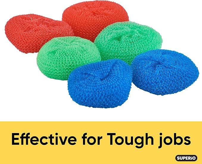Superio Nylon Scouring Pads - Dish Scrubbers, Durable Mesh Scourers for Dishes, Pots, Stoves - 12 Pack (Assorted Colors)