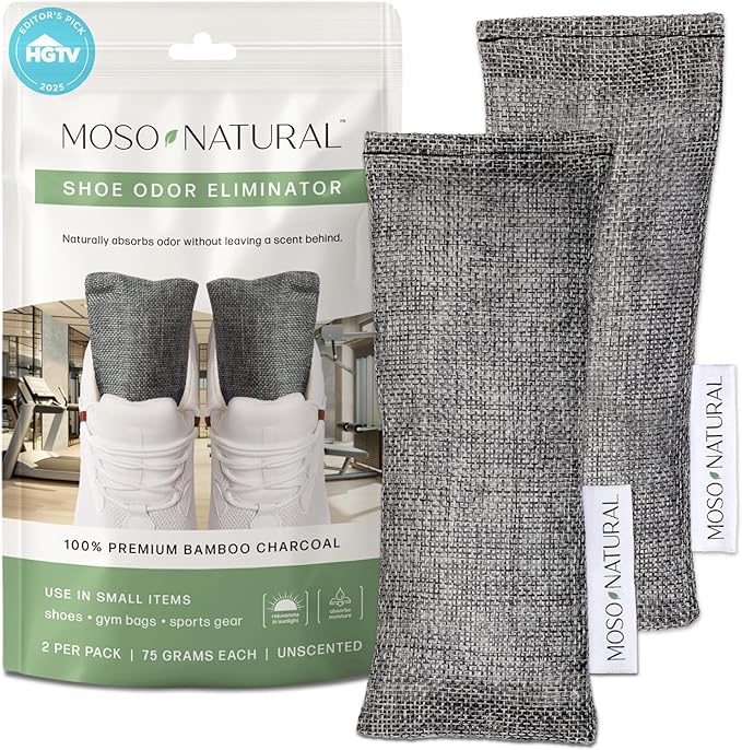 Moso Natural Shoe Deodorizer Inserts, Charcoal Odor Absorber for Shoes, Gym Bag & Boot Deodorizer, Unscented Shoe Odor Elimination, Air Purifying Bags, Lasts 2 Years (2 Bags)