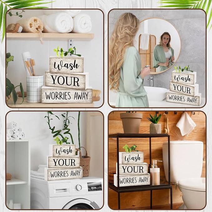 Moucuny 3 Pcs Laundry Room Decor Wood Block Signs Wash Your Worries Away