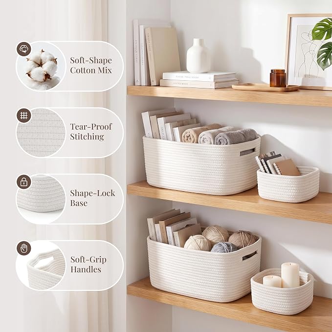 5 Pack Storage Baskets for Shelves, 17"x13"x7.5" & 7"x7"x3.5" | Cotton Rope Woven Baskets for Organizing, 2 Sizes Organizer Bins, Baskets for Shelves, Nursery, Toys, Closets, Laundry & Home