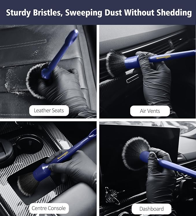 YeewayVeh 3PCS Car Detailing Brush Set, Ultra Soft, Indigo/Black | No Scratch Thick Detail Brushes for Dashboard, Air Vents, Leather Seat & Dusting, Interior/Exterior Car Detailing, 3 Sizes