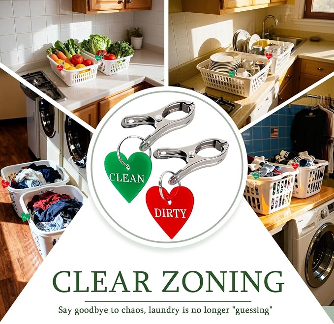 8 PCS Laundry Basket Labels Clean & Dirty Signs Laundry Room Organization Signs Red and Green Stainless Steel Clips Laundry Tags for Inside The Dishwasher Tips for Kids Rooms Bathrooms Laundry Room
