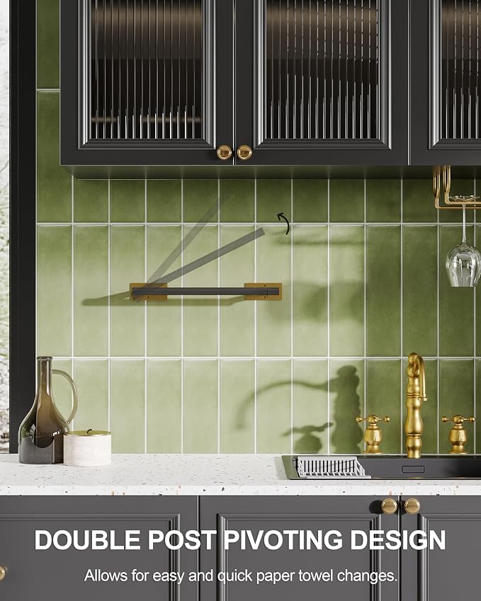 Paper Towel Holder Under Cabinet Self Adhesive Black & Gold | 304 Stainless Steel Post Pivoting Design Wall Mounted & No Drilling for Kitchen Waterproof & Rustproof, Square Base
