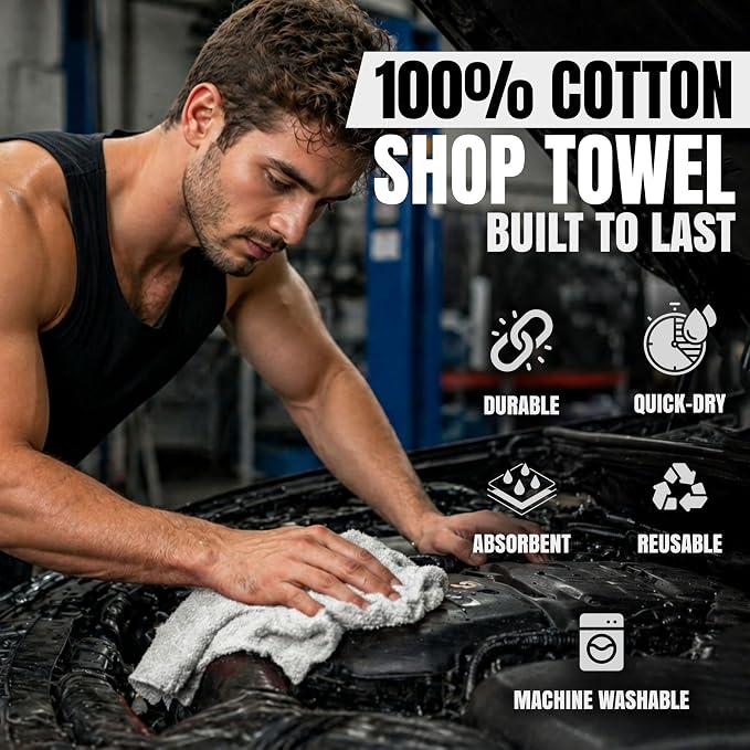 Premium 100% Cotton Shop Towels, 25 Pack, 13”x14”, Reusable White Shop Rags, Multipurpose Cleaning Rags for Oil, Grease, Mechanics, Auto Detailing, Paint, Industries, Garage, and Home Use