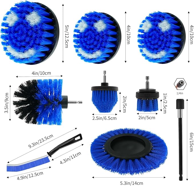 10 Pcs Drill Brush Attachment Set, Drill Scrubber Brush Kit, Drill Cleaning Brush, Scrub Brush for Grout Floor Tub Shower Bathtub Tile Sink Toilet Bathroom Kitchen Car Blue