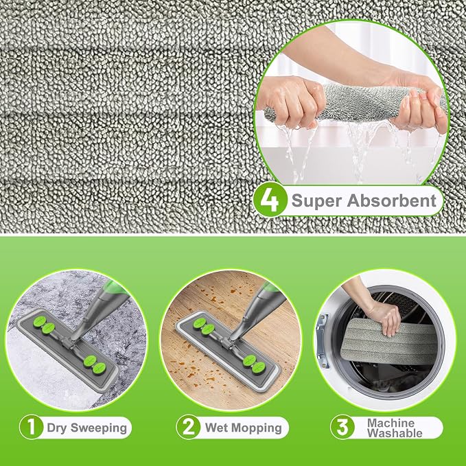 Spray Mop for Floor Cleaning - Wet Dry Mops for Multi-Surfaces | 3 Microfiber Washable Pads Compatible With Swiffer Powermop, 500+ ML Refillable Bottle, 360° Swivel Head, Grey Green