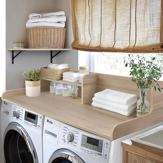 Washer Dryer Countertop 2 Tier 58 inches Wide, Laundry Shelf Topper with Edge, 58" W x 28" D x 12" H Laundry Space Organizer, Oak(Grey Tone)