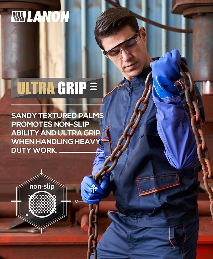LANON 26" Elbow Length PVC Chemical Resistant Glove,Waterproof,Blue,XLarge | Waterproof,Long Sleeve Work Gloves,Cotton Liner(Excluding Sleeves),Non-Slip Grip,Heavy-Duty,Acid,Alkali & Oil Protection