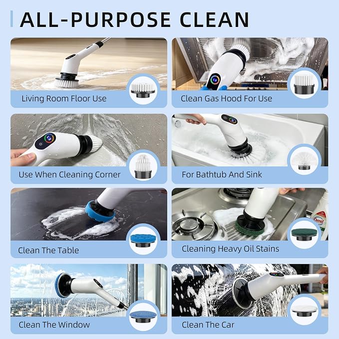 Electric Spin Scrubber Upgraded Cordless Power Cleaning Brush | IPX7 Waterproof, 3 Speed, 180-Minute Battery Life, with 8 Replaceable Heads and Adjustable Extension Handle and LED Display