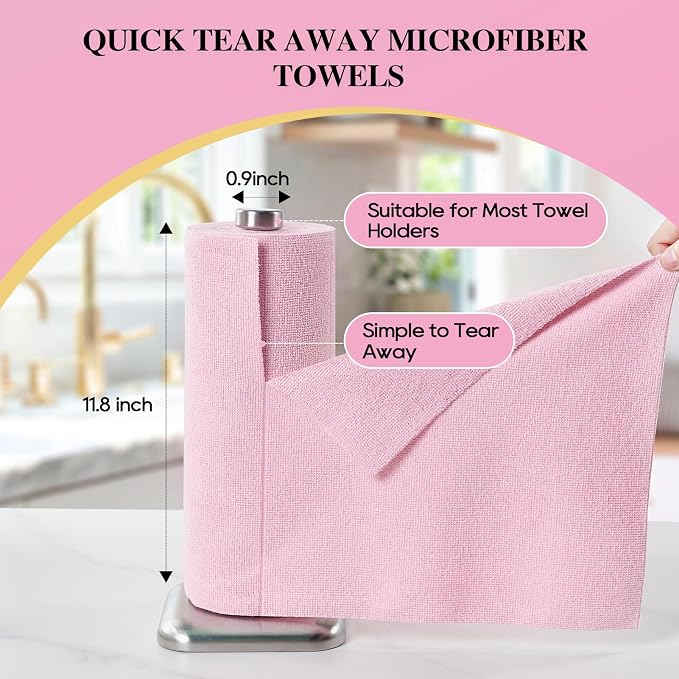 Microfiber Cleaning Cloth Roll 90 Pack, 12"×12", Reusable, Pink & Grey | Tear Away, Highly Absorbent, Lint Free, Reusable & Washable for Kitchen, Window, Car, Shop