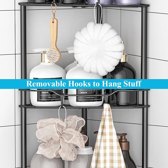 HuggieGems Metal Floor Standing Corner Shower Caddy, Matt Black, 3 Tier | Adhesive Bathroom Organizer Shelves, Free Standing Shower Rack with Hooks, Hold Large Shampoo Bottles