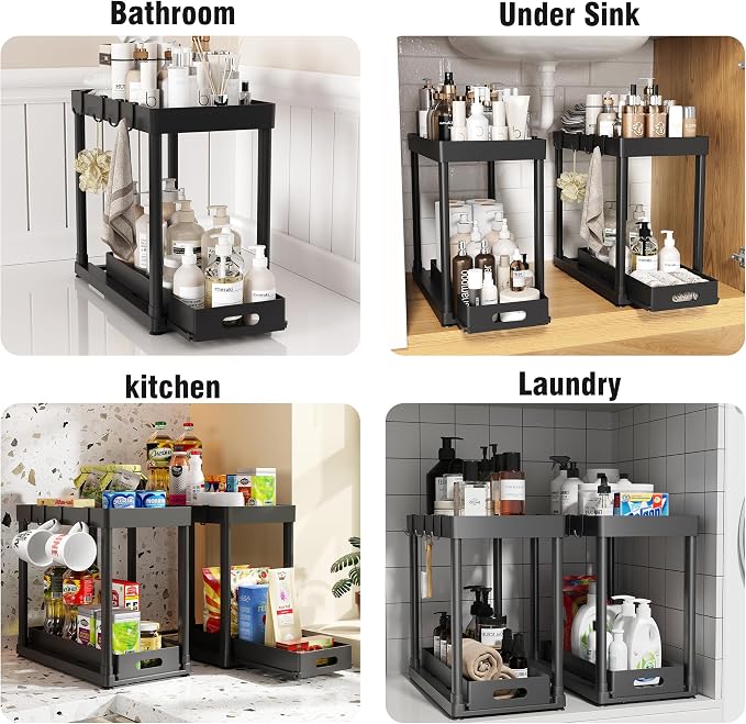 2PC Under Sink Organizer Rack 2 Tier Under Sliding Cabinet Basket Organizer Drawer with 4 Hooks, Multi-purpose Under Sink Storage for Bathroom Kitchen Desktop（Black）