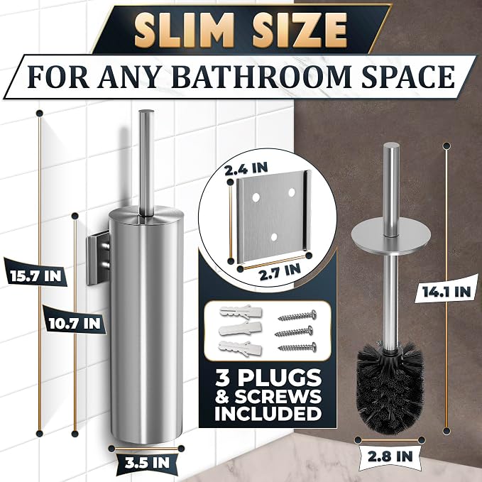 Wall-Mounted Toilet Brush and Holder Set, Stainless Steel (Silver) | Stainless Steel Toilet Brush and Holder Set, Removable Inner Bowl, Dense Bristles, Rustproof, for Modern Bathroom Walls