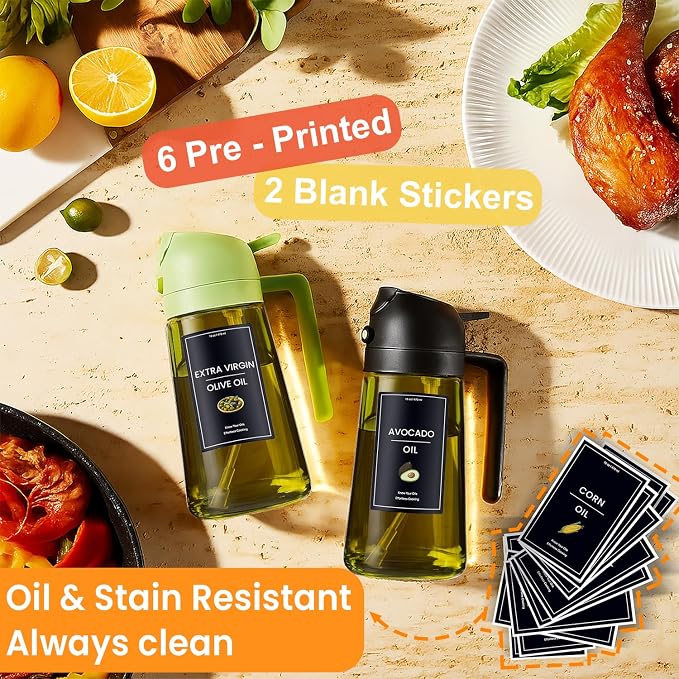 CXINYI - 16oz/470ml Olive Oil Dispenser for Kitchen with Stickers - 2 in 1 Olive Oil Sprayer for Cooking, Air Fryer, and Salad, Blue (Light-Proof Kitchen Gadget)