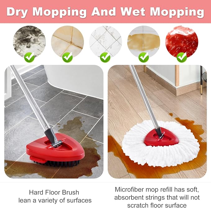 4 Pack Replacement Mop Heads& Handle Scrub Brush and Base Combo Set Compatible with Ocedar Spin Mops Refills，30-58" Mop Handle and Microfiber Head Refills for Cleaning