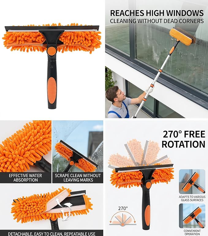 2-in-1 Window Cleaning Squeegee and Scrubber Kit, All-in-One Glass Cleaning Tool with Squeegee and Detachable Chenille Scrub Cloth Head, Streak-Free Window Washer for Home, Car, and High Windows