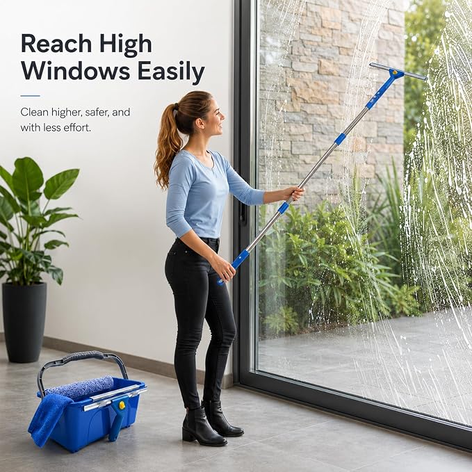 Window Cleaning Kit with Extendable Long Handle, Professional Window Squeegee & Window Washer Tool Set for Indoor Outdoor High Windows, Glass, RV & Shower Doors