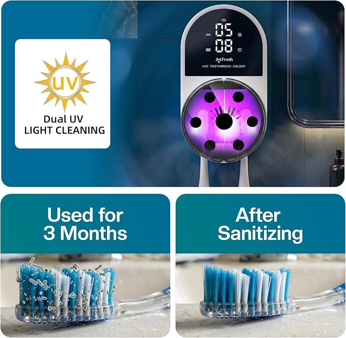 Jetfresh UV Toothbrush Sanitizer and Holder with Fan Drying | Wall Mounted UV-C Toothbrush Cleaner | Tooth Brush Sanitizer Holder Auto Shut-Off, USB Rechargeable, Fits All Brushes.