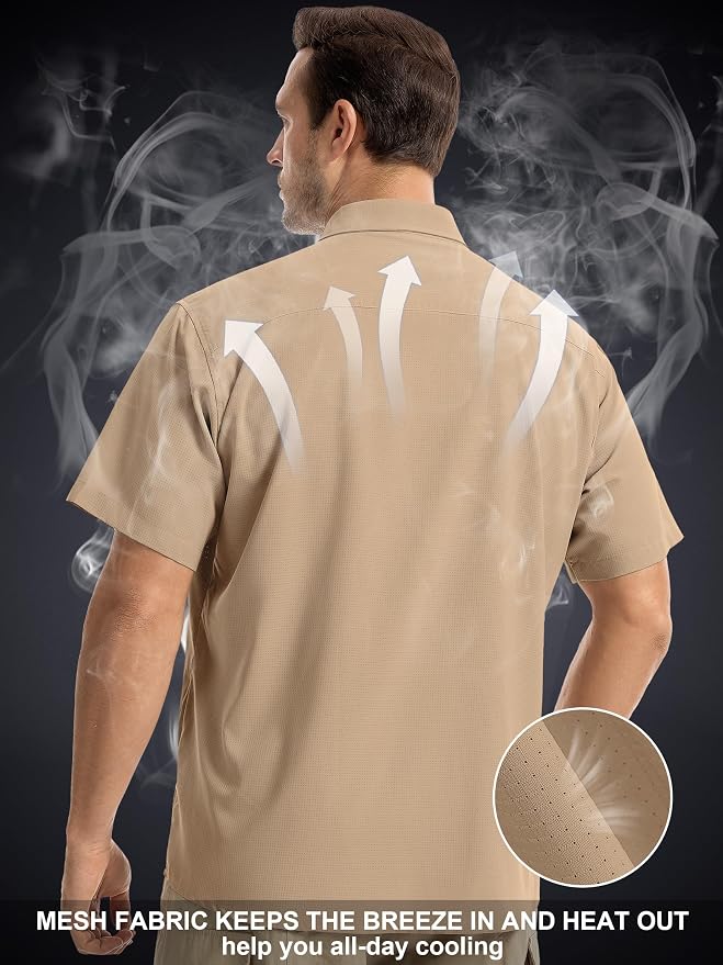 Mens Short Sleeve Fishing Shirt Sun Protection Quick Dry Lightweight | Breathable Fabric, Multi Pockets, for Fishing Safari Hiking Hunting Camping Outdoor Work Casual Wear