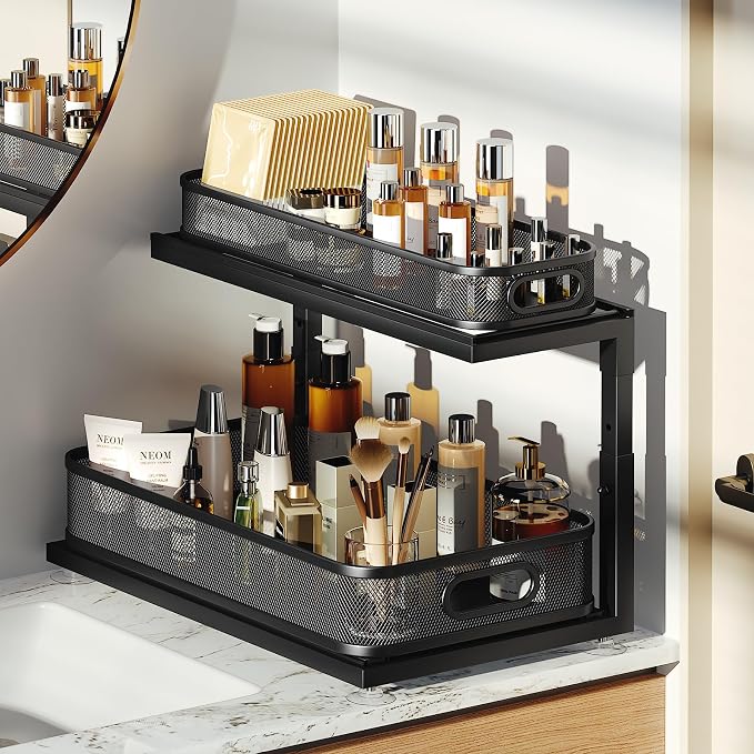 1 Pack Under Sink Storage Organizer with 2-Tier Slide Out Drawer, Sophisticated Mesh Pull Out Shelf for Kitchen & Bathroom, Fits Small Items, Upgraded Arched Track for Smooth Gliding-Black