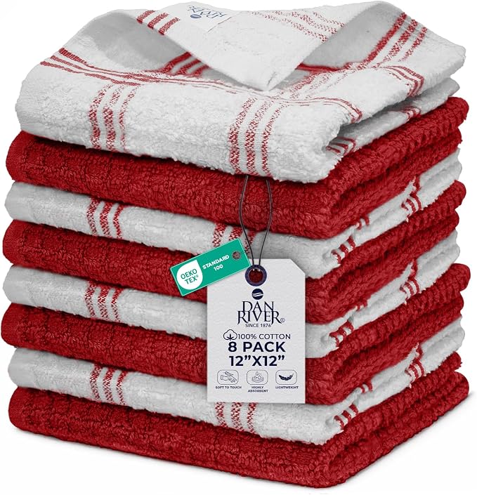 DAN RIVER Premium Dish Cloth 100% Cotton 12X12 Inches |Pack of 8|-Red | Terry Kitchen Towels Ultra Soft Tea Towels-Highly Absorbent Kitchen Rags-Terry Dishcloth for Kitchen and Household Cleaning