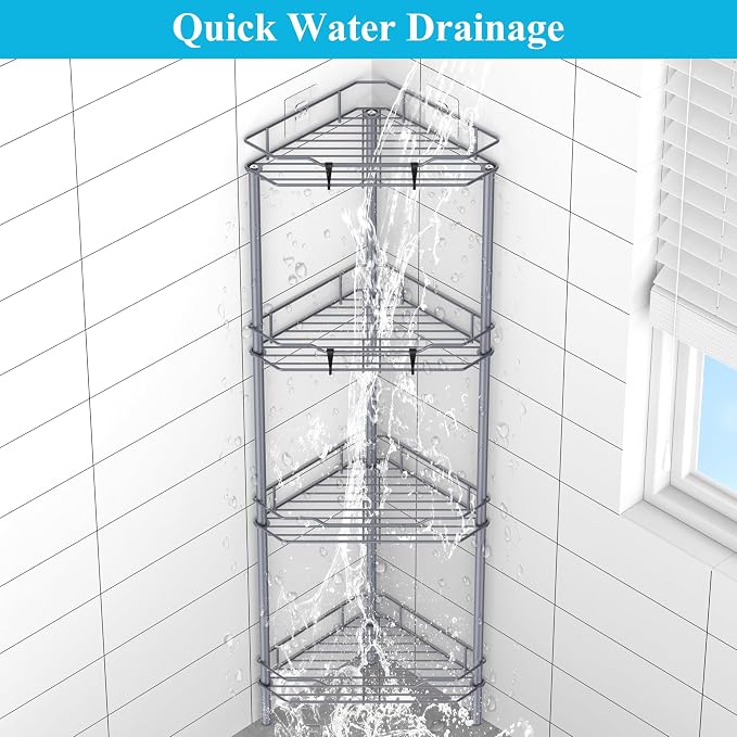 HuggieGems Metal Floor Standing Corner Shower Caddy, Dark Gray, 4 Tier | Adhesive Bathroom Organizer Shelves, Free Standing Shower Rack with Hooks, Hold Large Shampoo Bottles