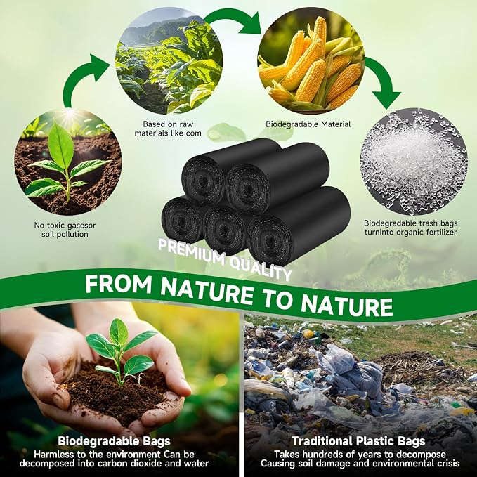 2.6 Gallon Small Black Bathroom Trash-Bags - Compostable Mini Garbage Bags With Handle 100 Count Biodegradable Little Waste Basket Kitchen Office Car Unscented Tiny Liners Strong Thick Chenyucheng
